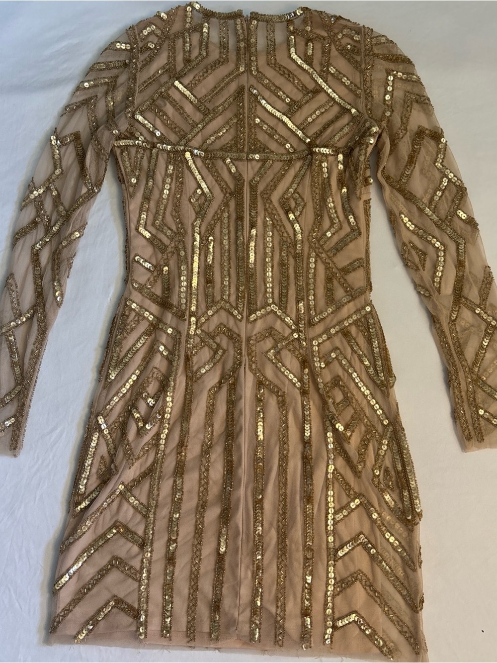 Gianni Bini Gold Sequin Nude Mesh Long-Sleeve Dress